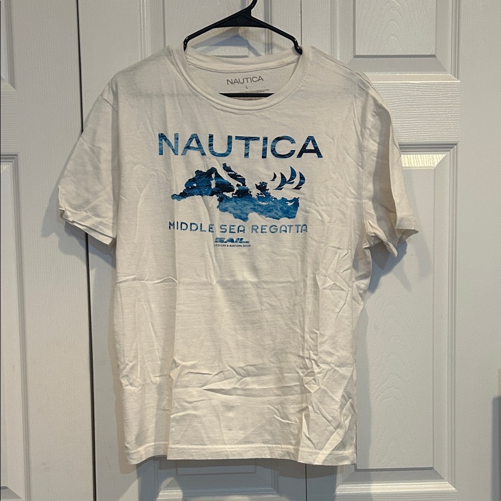 Nautica White Tee with Blue Middle Sea Regatta Graphic